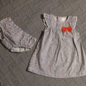 Striped Baby Dress with Red Bow And Bummies